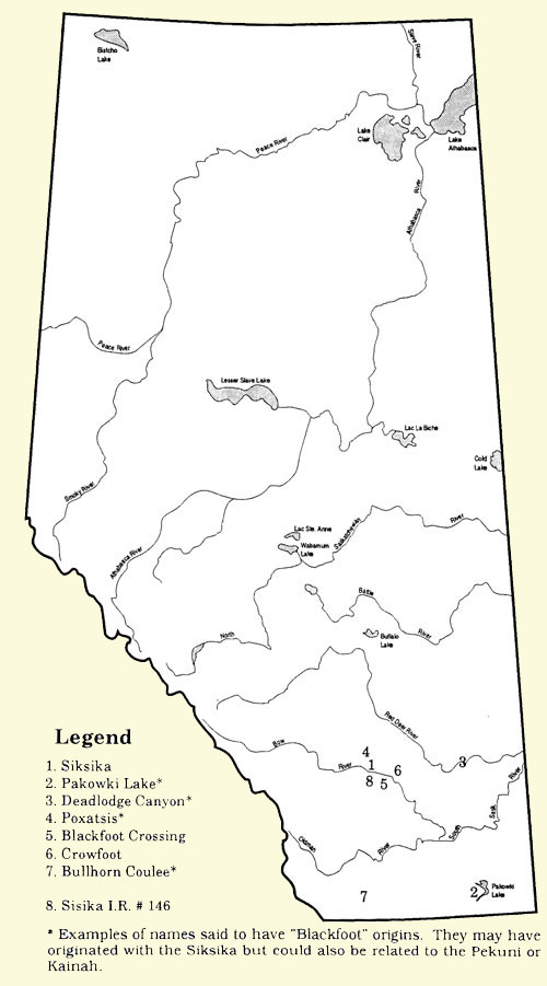 Map of some Siksika Place Names.