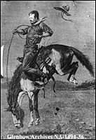 Cowboy on bucking horse, southern Alberta, ca 1886-1894.