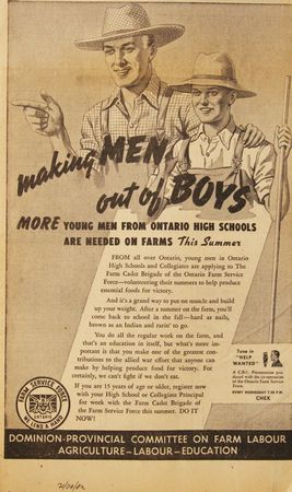 Ontario recruitment ad. seeking high school boys for farm service in the summer.
