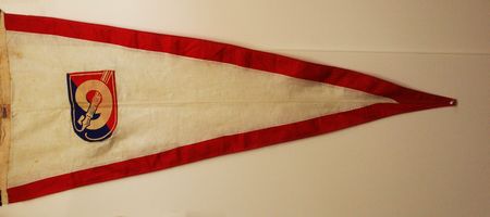 Pennant, white triangular with red border and red, blue and white shield signifying 9th Victory Loan