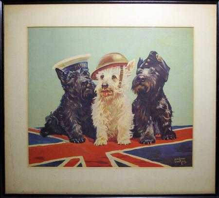 Patriotic picture of 3 dogs wearing the head gear of the 3 services: army, navy, and air force.