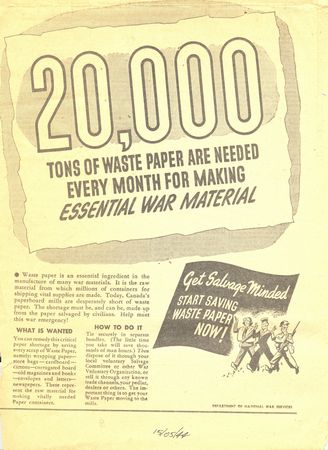 Newspaper clipping reminding the public to salvage waste paper for use in war production.