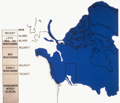 The blue area shows the maximum extent of glaciers in Alberta about 18,000 years ago.