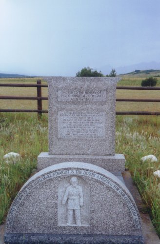 Gravesite of George MacDougall at the Morley Mission. Gravestone reads: The deceased was for 16 years chairman of the Wesleyan Missions in the North-West. He lost his way on the trail about 40 miles east of this place on January 24th, 1876. His body was found on the 5th of the following month and interred here by his sorrowing family who have erected this tribute to him.