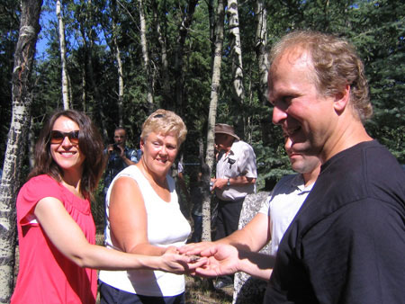 Tobi (Kingsep) Telford, Jean Maki, Evo Saar and Evar Saar holding the piece of stone chipped off the Horma Ott memorial in Vrumaa. The stone of honor was placed in its final resting place at the small cemetery.
