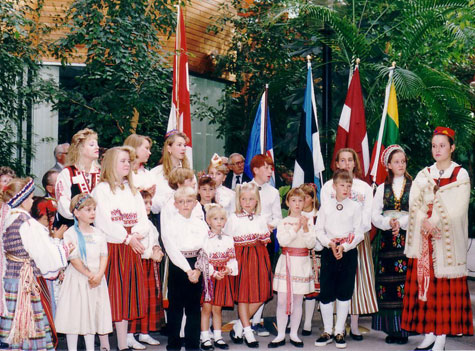 A new era of Baltic Independence was celebrated in Calgary in 1991. The picture shows youth of Estonian, Latvian and Lithuanian descent in their national dress. 