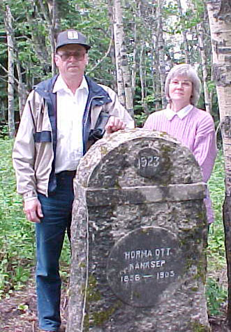 Horma Ott visited his son Hendrik Kingsep  in Medicine Valley in 1905. He died of pneumonia and is buried in the original Gilby Cemetery. Arnold Mottus and sister Jean Maki are shown standing behind their great grandfather\'s headstone.