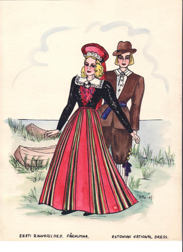 The artists colourful drawing captures many of  the prominent features of 19th century Estonian dresswear.