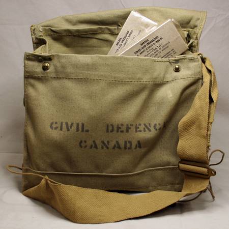 Green Canvas Medical Satchel with Dressings, Civil Defense Canada