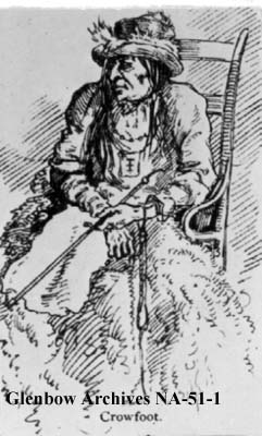 Ancienne illustration connue de Pied-de-Corbeau. 1875. D'aprs un croquis du Docteur Nevitt, Police monte du Nord-Ouest.