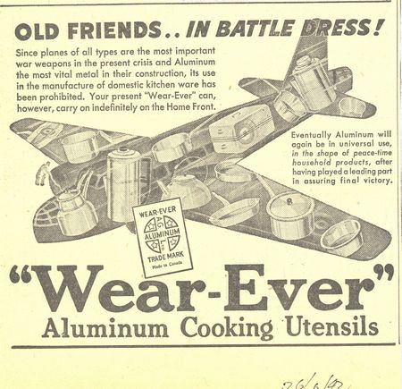 \\\'Wear Ever\\\' aluminum advertisement informing public that aluminum has been prohibited from being used in the production of kitchen ware.