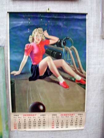 Calendar from 1951 featuring a sexy woman at a bowling alley