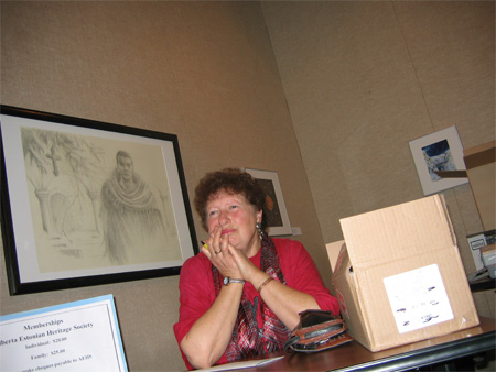 Evelyn Shursen at reception desk to welcome Rasmus Lumi, Estonian Charge d\' Affairs to Red Deer, November, 2007.