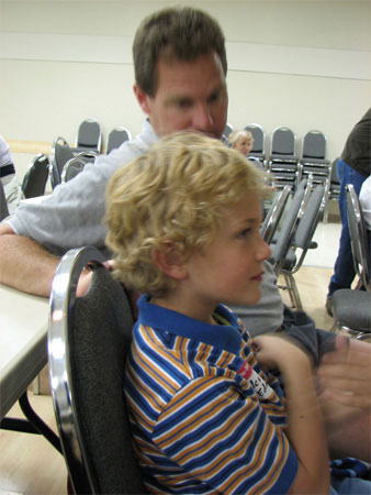 Father Glenn and son Kalev Kiil discuss 
program at Jaanipev celebration, Lincoln Hall, 2007