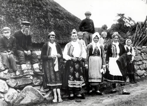A group of Estonians ed photographed outside a traditional  Estonian farm. This  photograph showcases  male and female clothing during the 19th century.