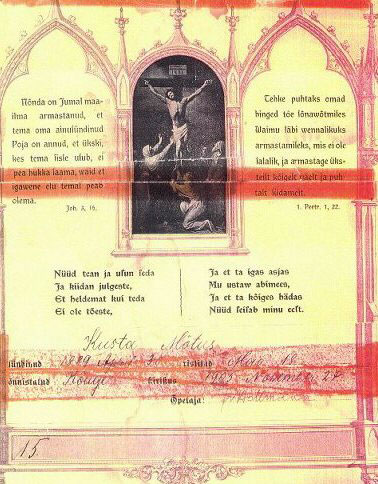 Birth Certificate for Gust (Kusta) Mottus, Ruge, Estonia, dated 1889.
