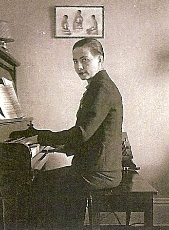 Leyda Sestrup, a teacher and psychiatrist, practicing piano, ca 1940.