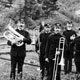 H. W. McNeill Co.'s Brass Band, Canmore, Alberta with the Rockies providing a beautiful backdrop, c.1898.  Image from Camore - The Story of an Era by Edna (Hill) Appleby.