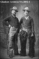 Lew Ungland and Freeman Anderson, cowboys, Claresholm, Alberta, 1908-1910.