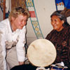President Meri\'s wife Helle admiring Canadian Native craft at the Calgary Stampede, 2000.