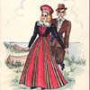 The artists colourful drawing captures many of  the prominent features of 19th century Estonian dresswear.