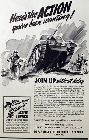 Recruitment poster for active service. Issued by Department of National Defence.