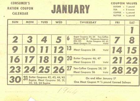 Consumer\'s Ration Coupon Calender - January