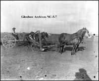 Blackfoot cutting hay on the Blackfoot reserve in Alberta, 1900.