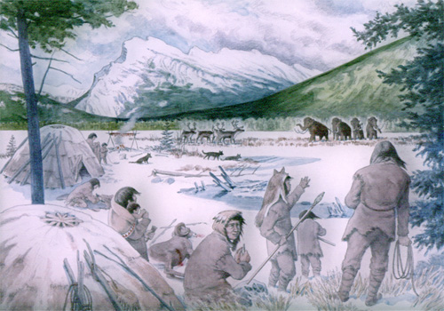Woodland caribou and wooly mammoths were among the large mammals that populated the mountain valleys in the wake of the retreating glaciers; skilled hunters would not have been far behind. The size and strength of the North American elephants were no match for the cooperation and cunning early Albertans mustered against them.