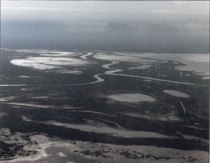 Athabasca Delta, Athabasca River is in centre, Fletcher Channel to the right, 1985.