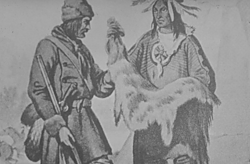 Illustration artistique d'une scne de traite typique: un membre de la nation Castor montrant une pelleterie  un traiteur de la compagnie.