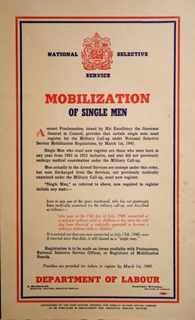 Poster, Department of Labour, National Selective Service: Mobilization of Single Men