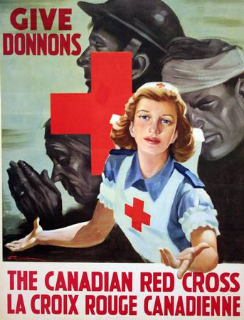 A Propaganda Poster incorporating many images, nurse, old praying woman, wounded soldier, with a need for money and blood.