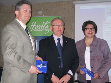 Blaine Calkins,MP for Ponoka-Wetaskiwin, Bob Kingsep, President of Alberta Estonian Heritage Society and May Ann Jablonski, Alberta Minister of Seniors and Community Supports, were presented with a copy of\"Alberta\'s Estonians\" DVD, May, 2008